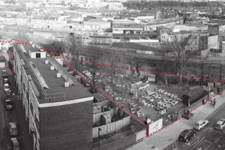 Birds eye view black and white photo of Loughborough Junction