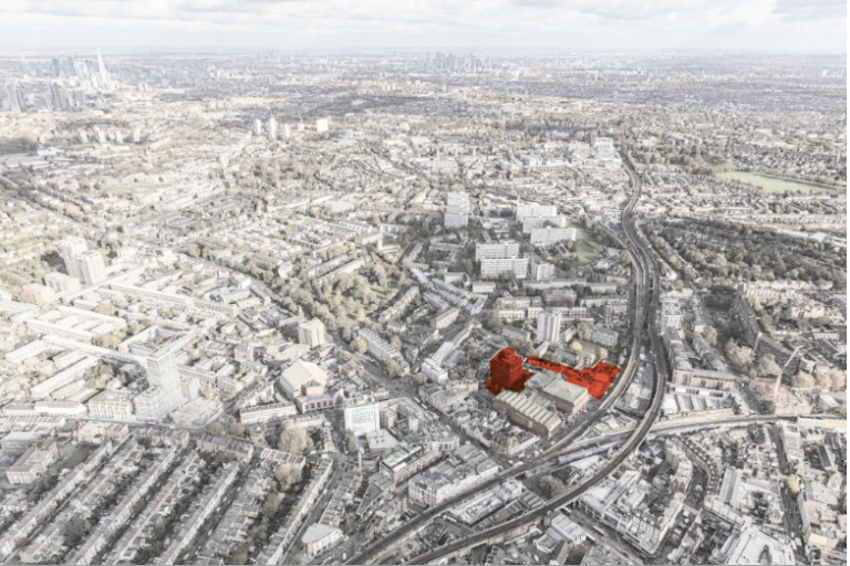 Aerial view of Brixton town centre with the site highlighted in red