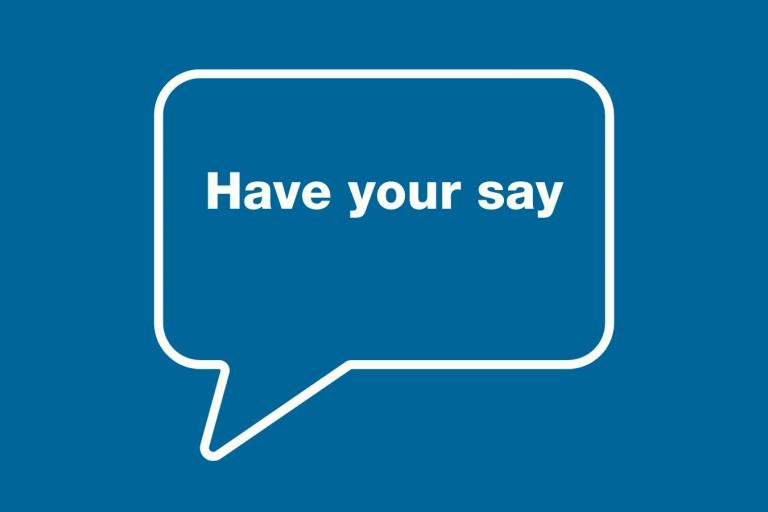 have your say in white text with speech bubble on blue background