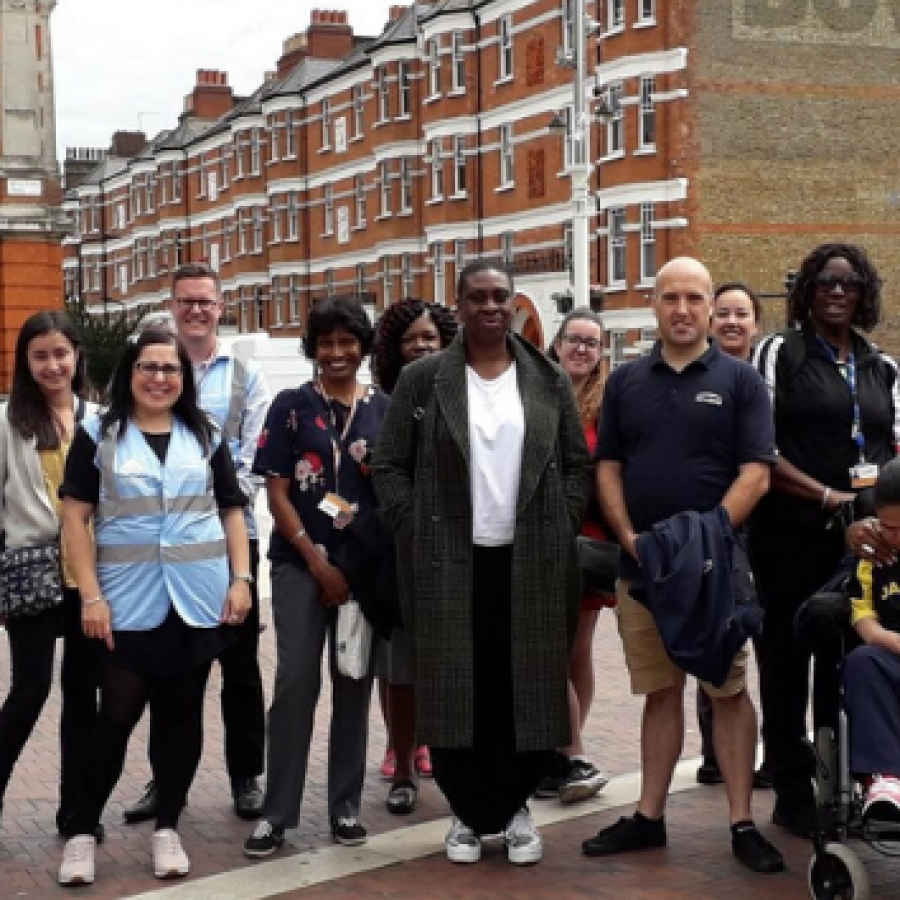 Lambeth sustainability team wearing anti idling vests are joined by various staff, residents and partners