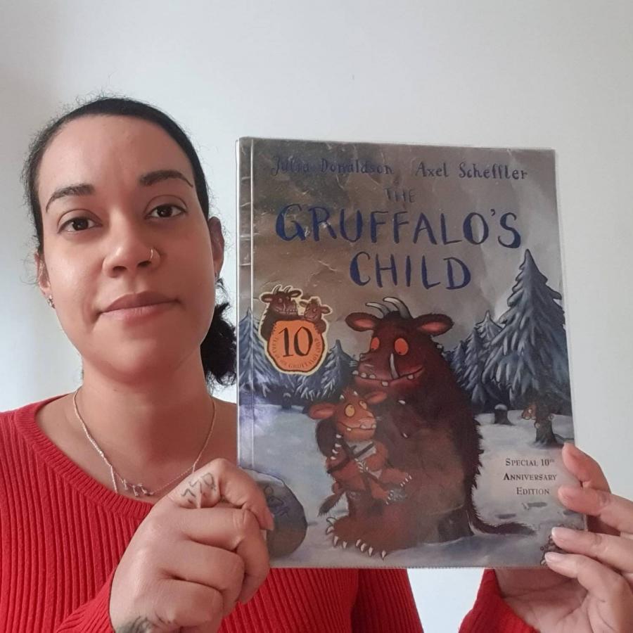Tamika displaying Gruffalo book