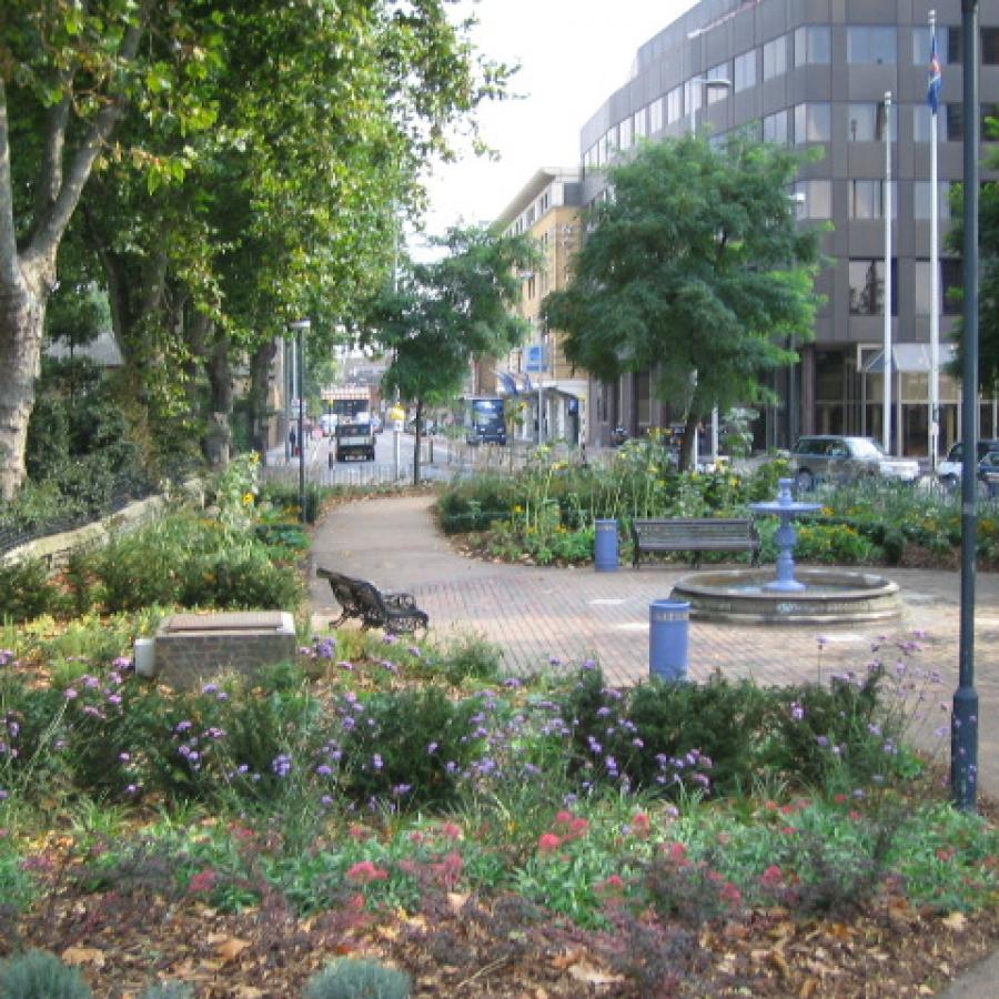 The fountain and seating area in St Mary's Gardens