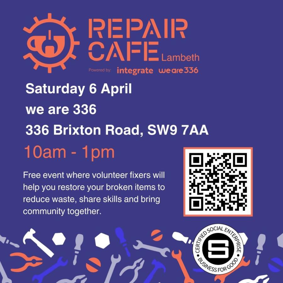 repaits cafe poster for 6 April we are 336 Brixton Rd Saturday 10-1