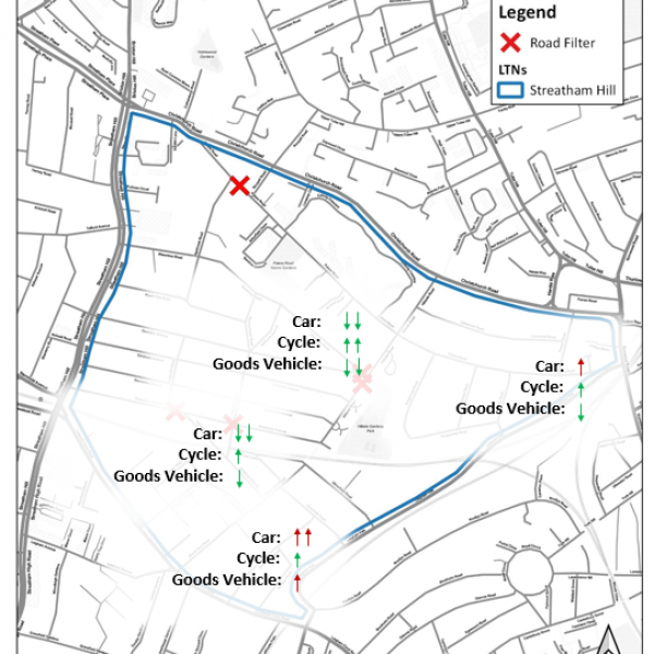 a map of the Streatham Hill LTN showing the way that traffic has changed on various roads through the area.